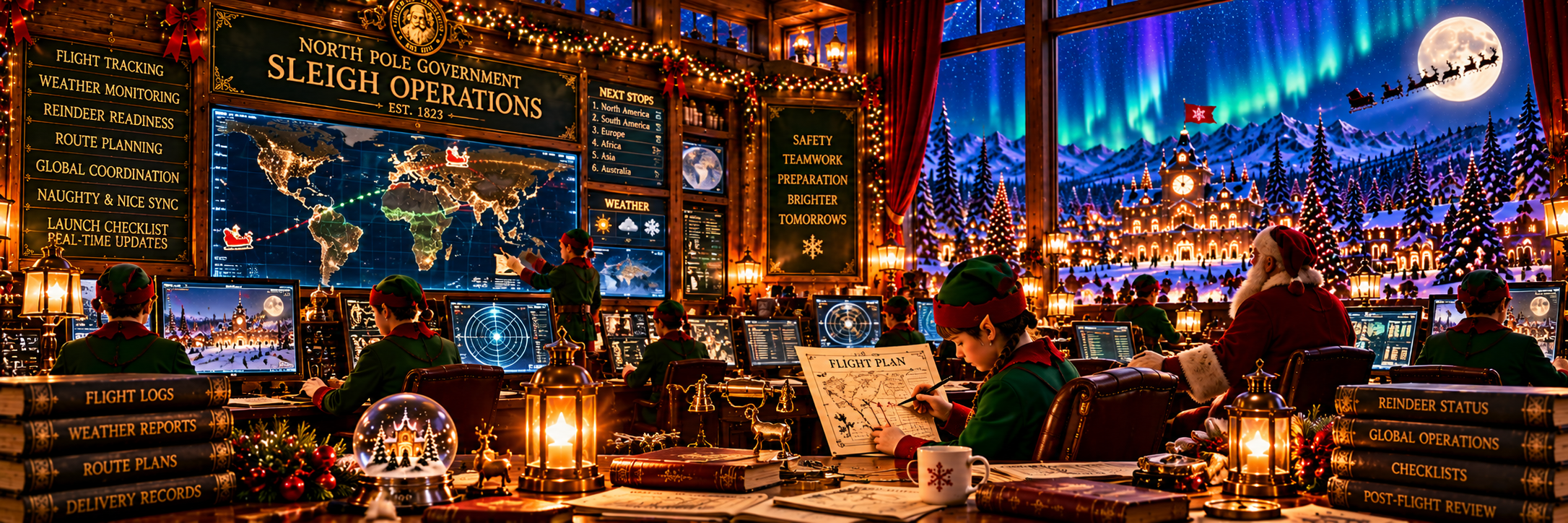 Flight control elves and Santa monitoring the global sleigh route