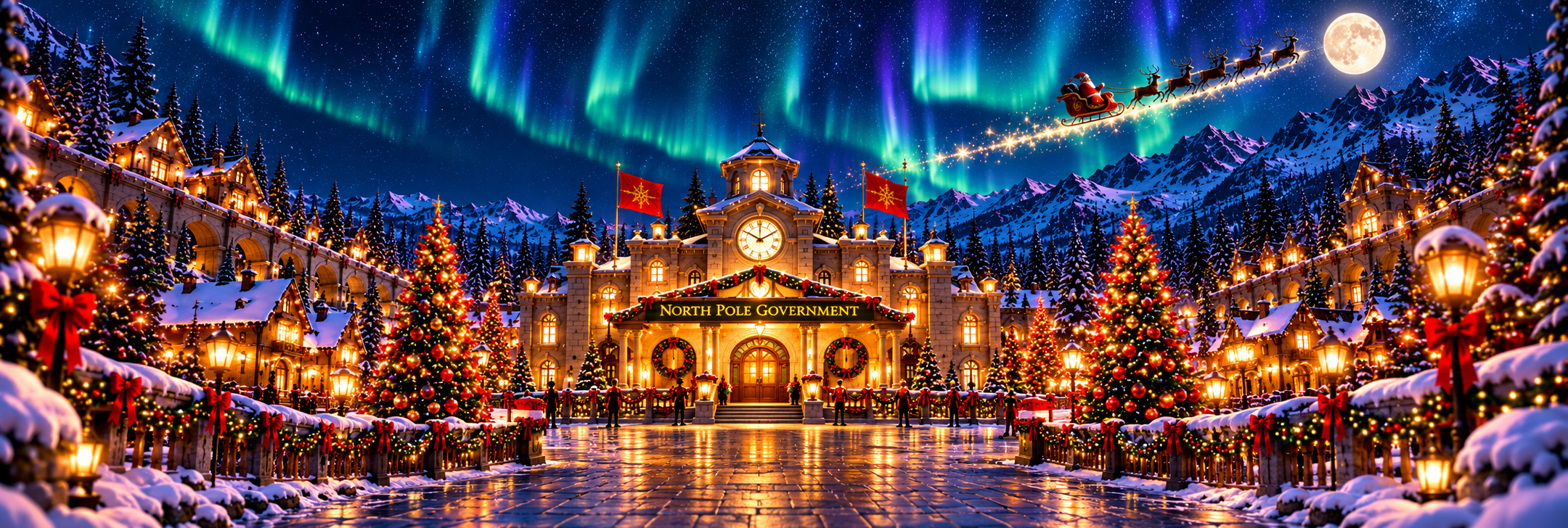 North Pole Government village illuminated for Christmas beneath the northern sky