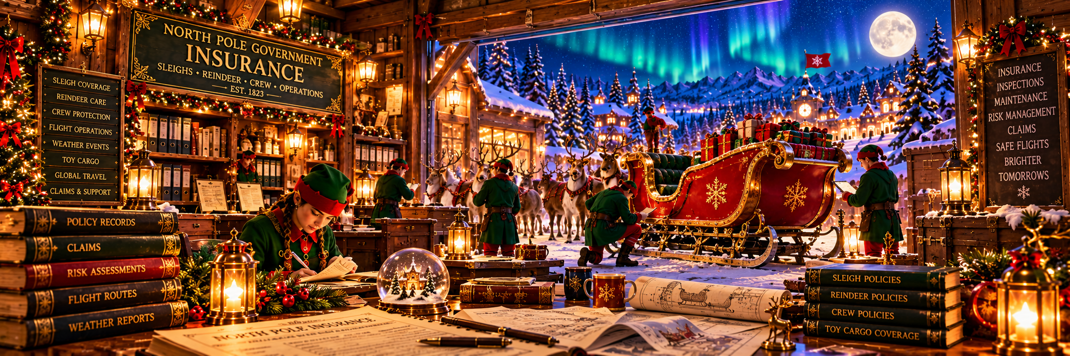 Elves inspecting a sleigh and reindeer at the North Pole insurance office