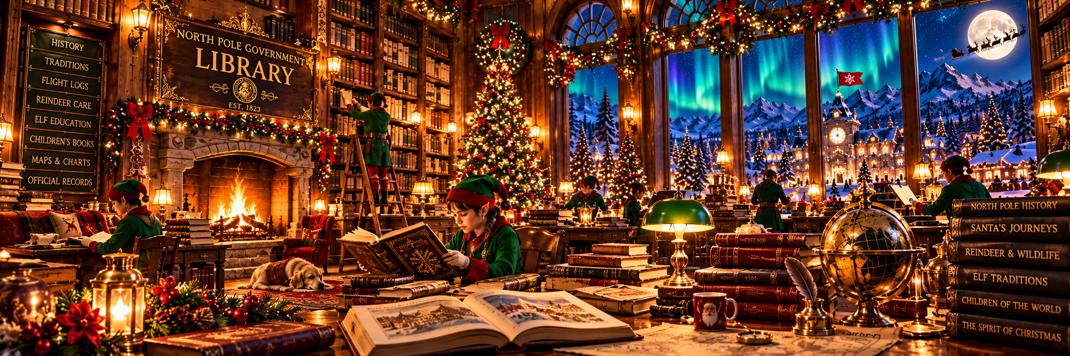 Elves reading beside the fireplace in the North Pole Library