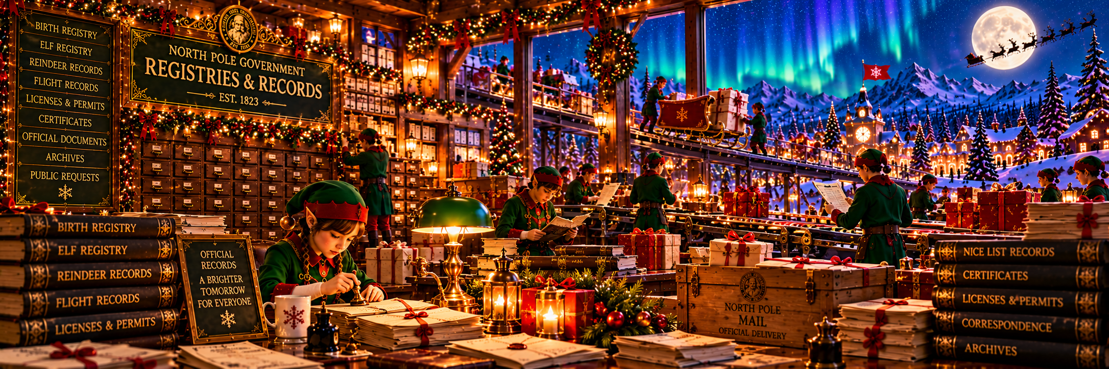 Elves processing official licenses and records at the North Pole