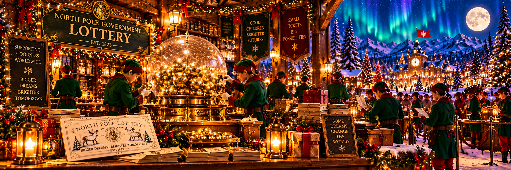 Elves operating the North Pole Lottery drawing globe