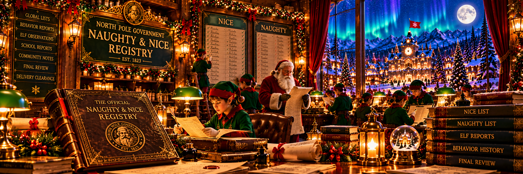 Santa and elves reviewing the Naughty and Nice Registry