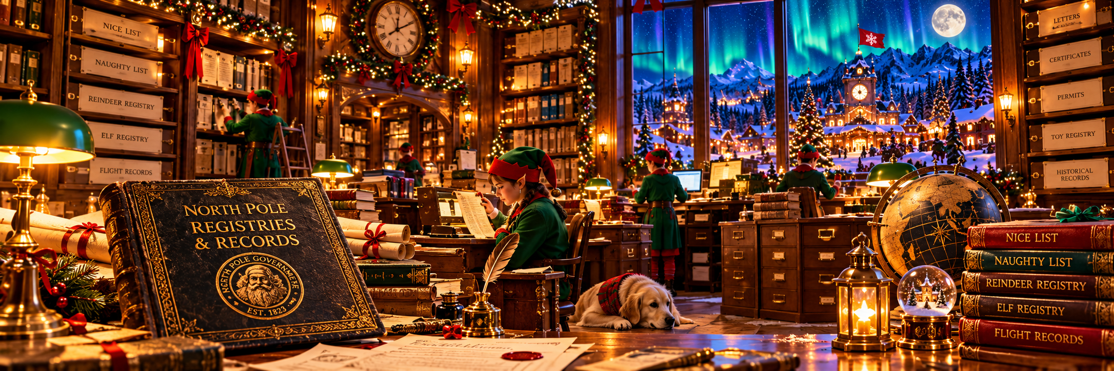 Elves working among the ledgers in the North Pole registries office