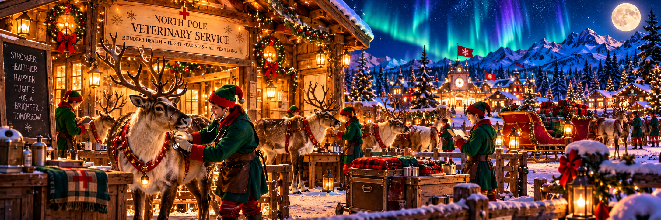 Elf veterinarians examining the flight team outside the North Pole Veterinary Service