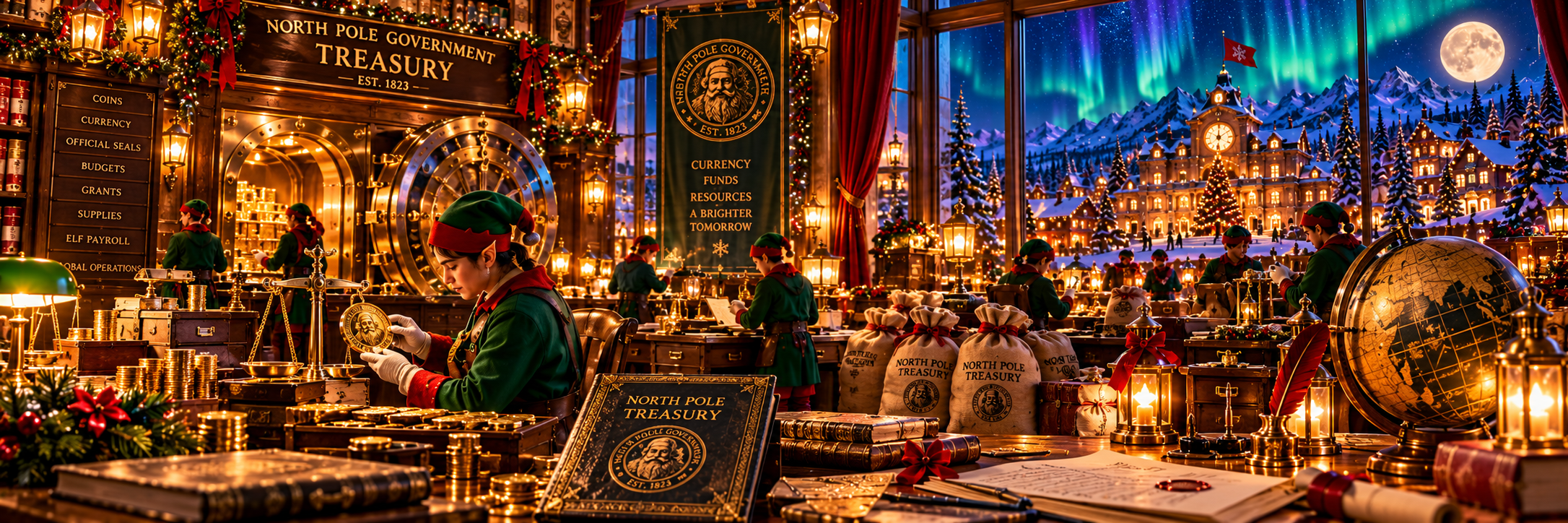 Elves inspecting gold currency inside the North Pole Treasury