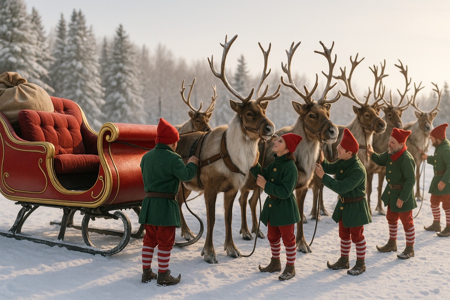 Illustration of Santa’s sleigh and reindeer in flight